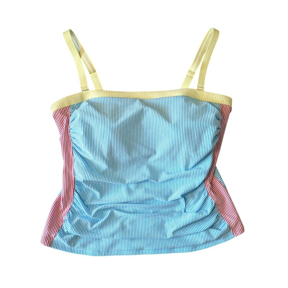 Land's End Striped Seersucker Blue and Pink Tankini Top with Yellow Trim 20W
